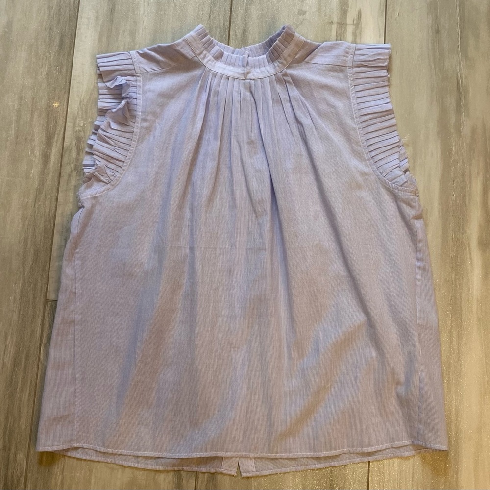 Frame Pinstripe Lightweight Cotton Sleeveless Pleated Ruffle Workwear Top, Small